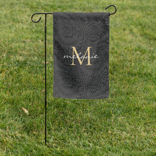 Elegant Black Floral Gold Monogram Garden Flag (In SItu)