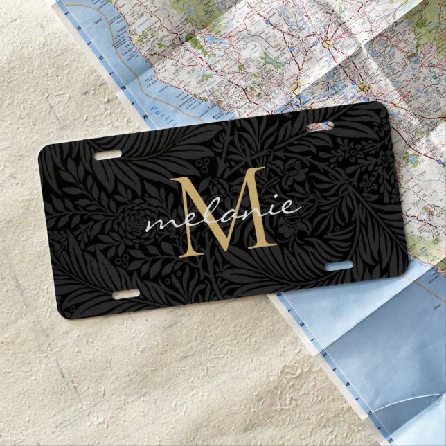 Elegant Black Floral Gold Monogram License Plate (In Situ)