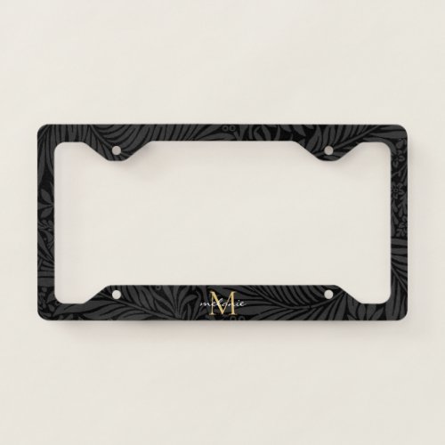 Elegant Black Floral Gold Monogram License Plate Frame