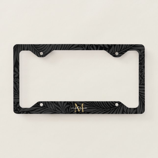Elegant Black Floral Gold Monogram License Plate Frame (Front)