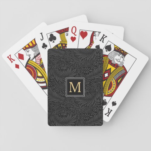Elegant Black Floral Gold Monogram Poker Cards