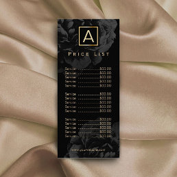 Elegant Black Floral Gold Monogram Price List Rack Card