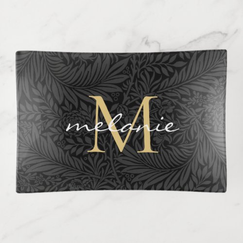 Elegant Black Floral Gold Monogram Trinket Tray