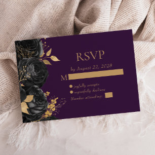 Elegant Black Floral Gold Purple Wedding RSVP Card