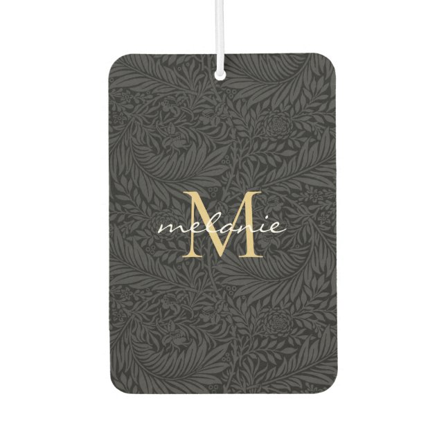 Elegant Black Floral Gold Script Monogram Air Freshener (Front)
