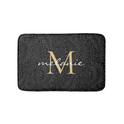 Elegant Black Floral Gold Script Monogram Bath Mat