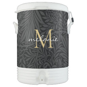 Elegant Black Floral Gold Script Monogram Beverage Cooler