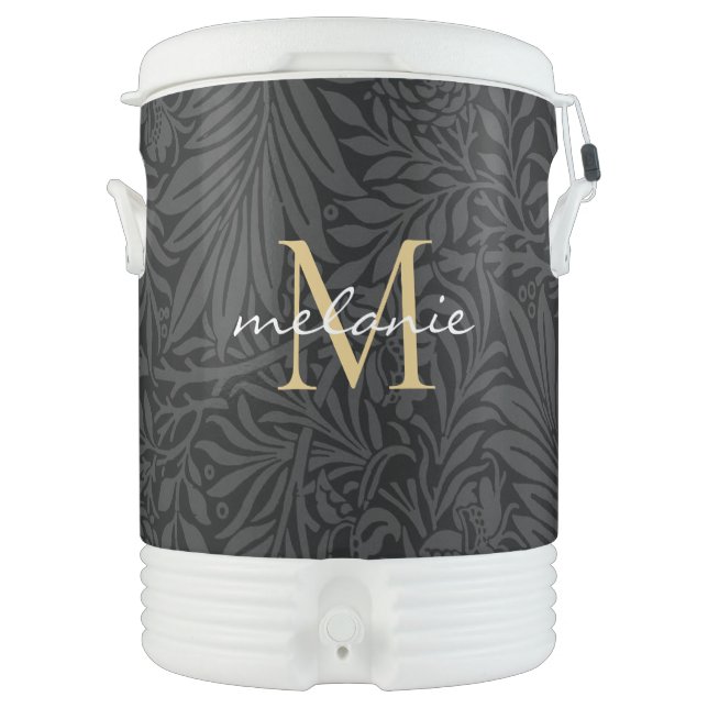 Elegant Black Floral Gold Script Monogram Beverage Cooler (Front)