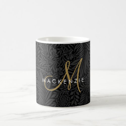 Elegant Black Floral Gold Script Monogram Coffee Mug