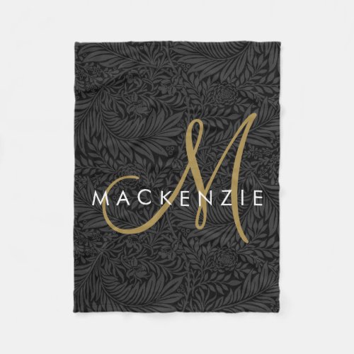 Elegant Black Floral Gold Script Monogram Fleece Blanket