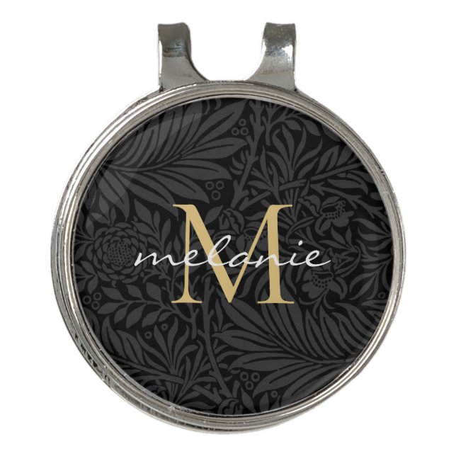 Elegant Black Floral Gold Script Monogram Golf Hat Clip (Front)