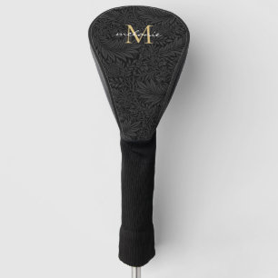 Elegant Black Floral Gold Script Monogram Golf Head Cover