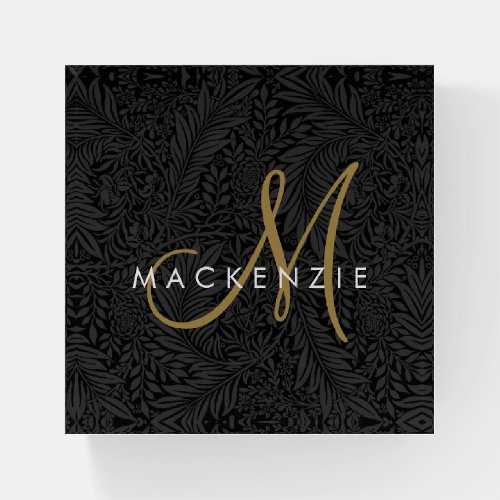 Elegant Black Floral Gold Script Monogram Paperweight