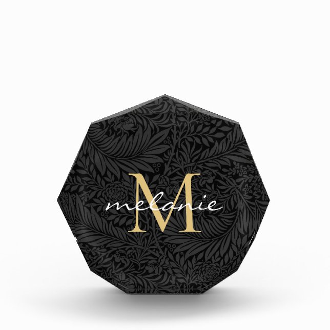 Elegant Black Floral Gold Script Monogram Photo Block (Front)