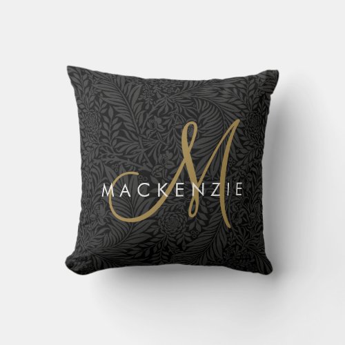 Elegant Black Floral Gold Script Monogram Throw Pillow