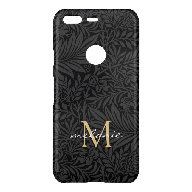Elegant Black Floral Gold Script Monogram Uncommon Google Pixel Case (Back)