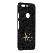 Elegant Black Floral Gold Script Monogram Uncommon Google Pixel Case (Back/Right)