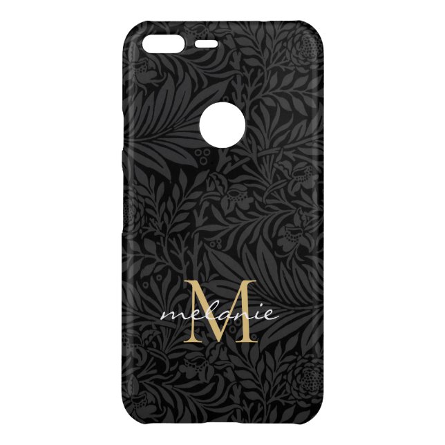 Elegant Black Floral Gold Script Monogram Uncommon Google Pixel XL Case (Back)