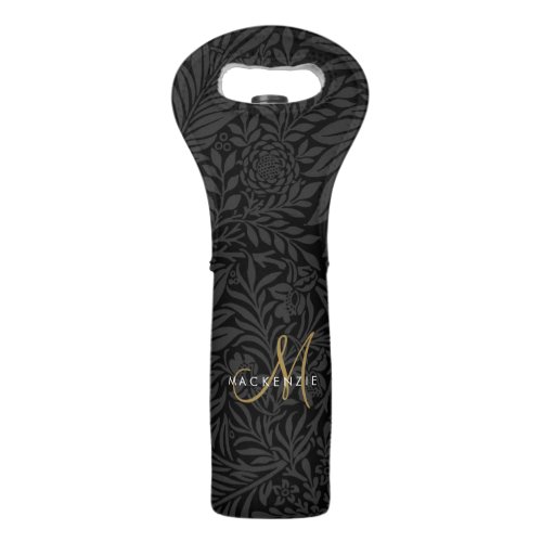 Elegant Black Floral Gold Script Monogram Wine Bag