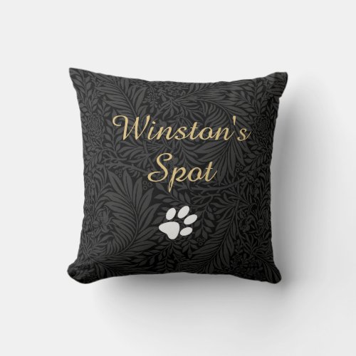 Elegant Black Floral Gold Script Pet Name Throw Pillow