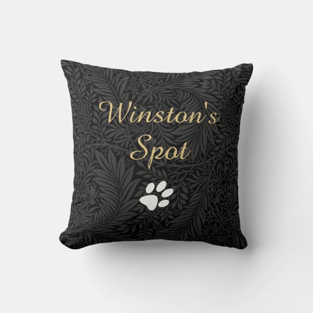 Elegant Black Floral Gold Script Pet Name Throw Pillow (Front)