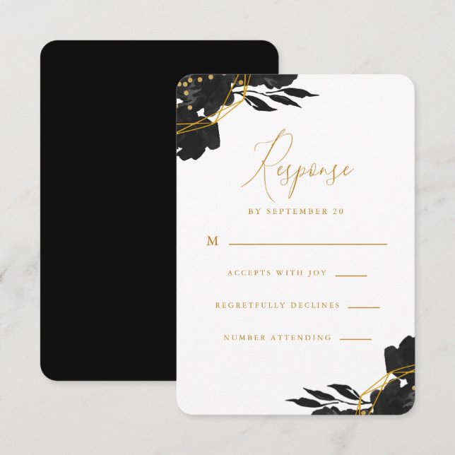 Elegant Black Floral Gold Wedding Rsvp (Front/Back)