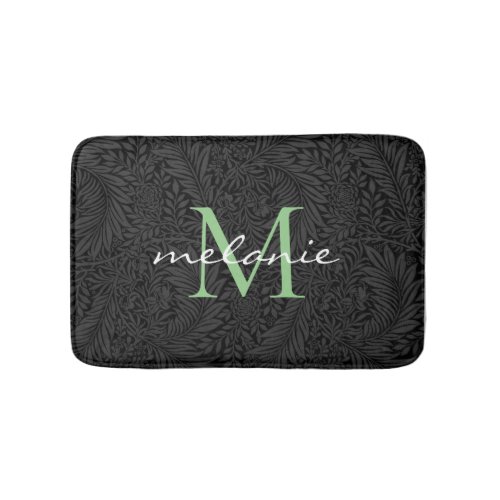 Elegant Black Floral Green Script Monogram Bath Mat