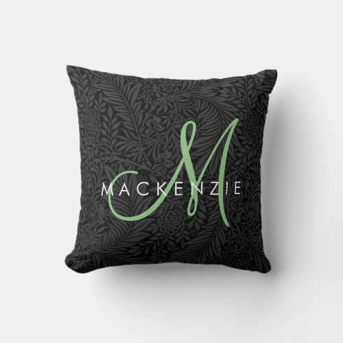 Elegant Black Floral Green Script Monogram Throw Pillow