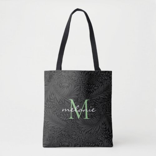 Elegant Black Floral Green Script Monogram Tote Bag