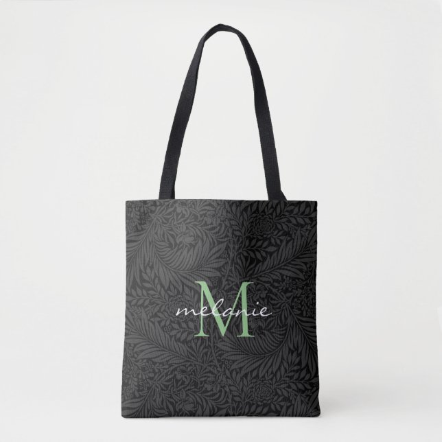 Elegant Black Floral Green Script Monogram Tote Bag (Front)
