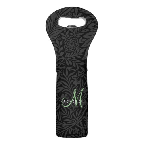 Elegant Black Floral Green Script Monogram Wine Bag