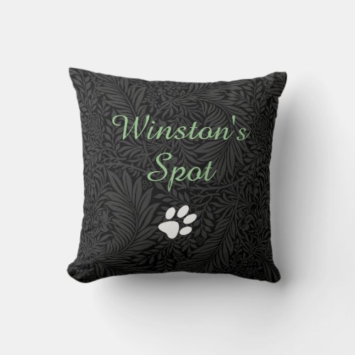 Elegant Black Floral Green Script Pet Name Throw Pillow