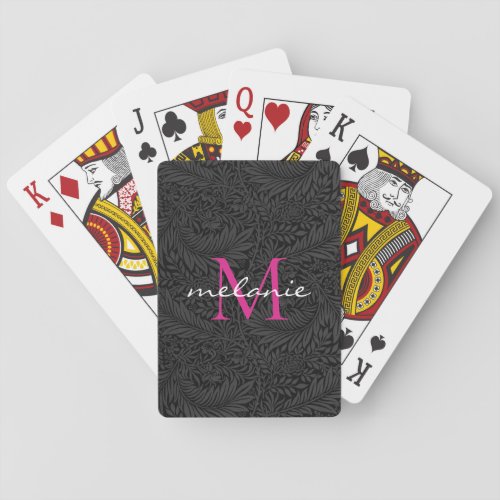 Elegant Black Floral Hot Pink Script Monogram Playing Cards