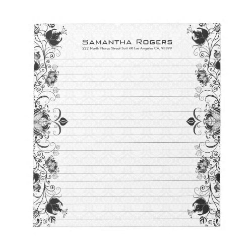 Elegant Black Floral Lace And White Damasks Notepad