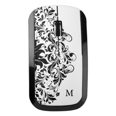 Elegant Black Floral Lace Monogram Wireless Mouse