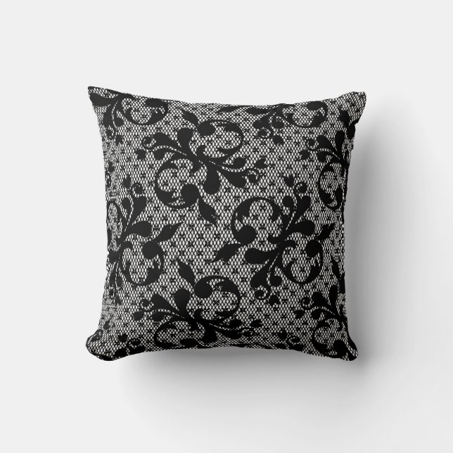 Elegant Black Floral Lace Throw Pillow (Front)