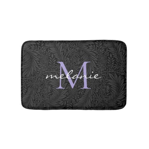 Elegant Black Floral Lavender Script Monogram Bath Mat
