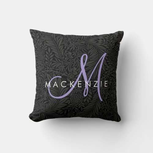 Elegant Black Floral Lavender Script Monogram Throw Pillow