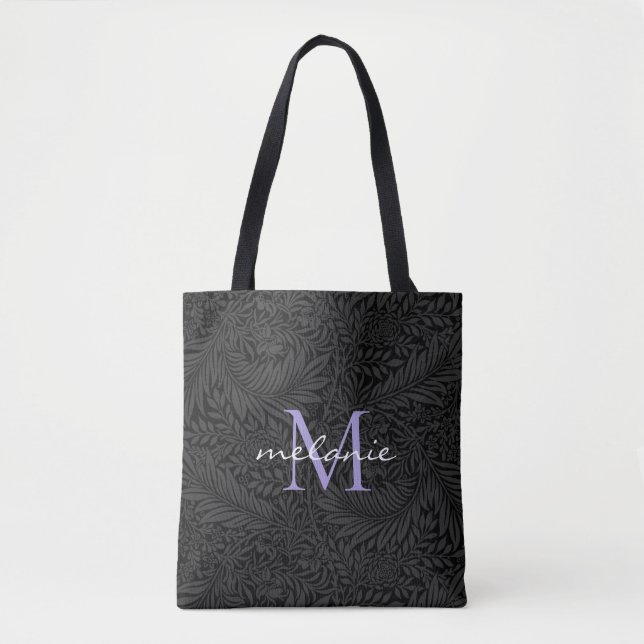 Elegant Black Floral Lavender Script Monogram Tote Bag (Front)