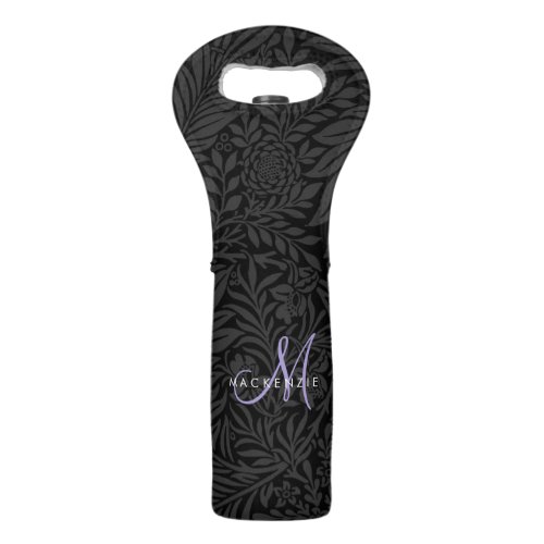 Elegant Black Floral Lavender Script Monogram Wine Bag