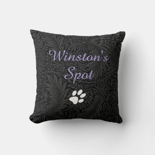 Elegant Black Floral Lavender Script Pet Name Throw Pillow