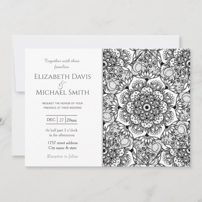 Elegant Black Floral Mandala White Design Invitation (Front)
