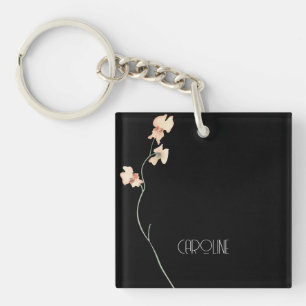 Elegant black floral minimalist  keychain