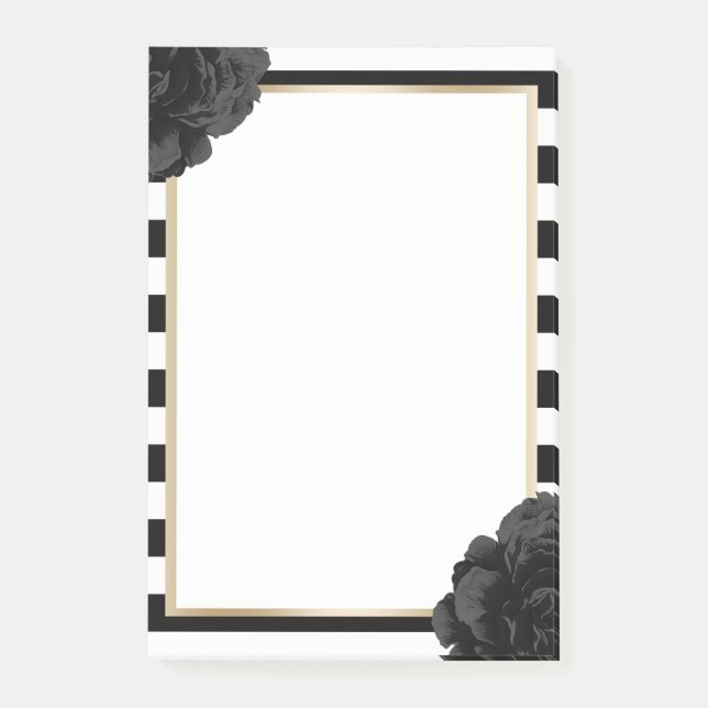 Elegant Black Floral Modern Black & White Stripes Post-it Notes (Front)