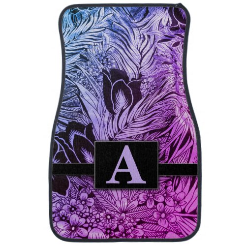 Elegant Black Floral Modern Monogrammed Classic Car Floor Mat