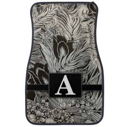 Elegant Black Floral Modern Monogrammed Classic Car Floor Mat