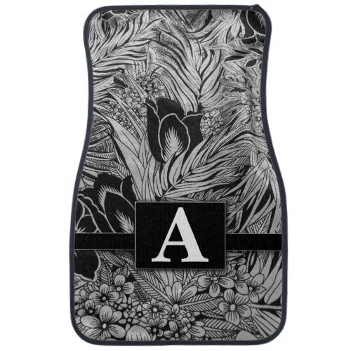 Elegant Black Floral Modern Monogrammed Classic Car Floor Mat