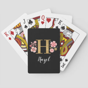 Elegant Black Floral Monogram Letter H Poker Cards