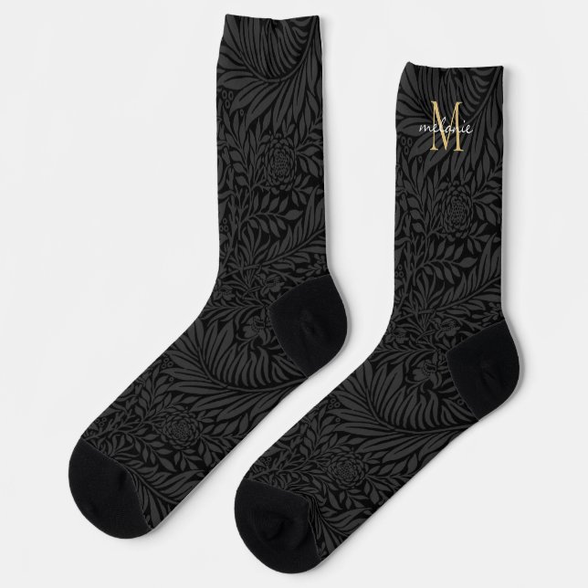 Elegant Black Floral Monogram Name Socks (Left)
