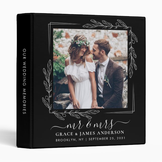 Elegant Black Floral Mr Mrs 2 Photo Wedding Album 3 Ring Binder (Front/Spine)